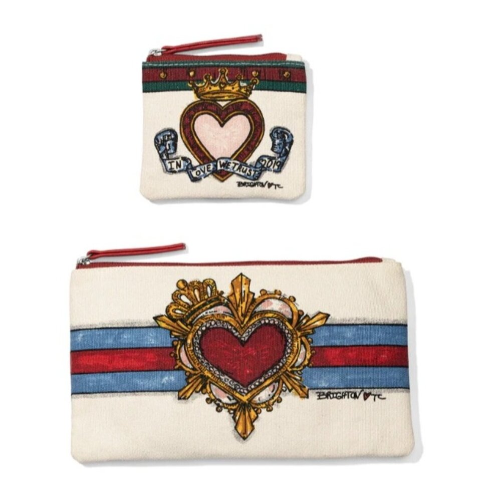 NWT Brighton In Love We Trust Heart Pouch Set Canvas Leather Zipper Bags